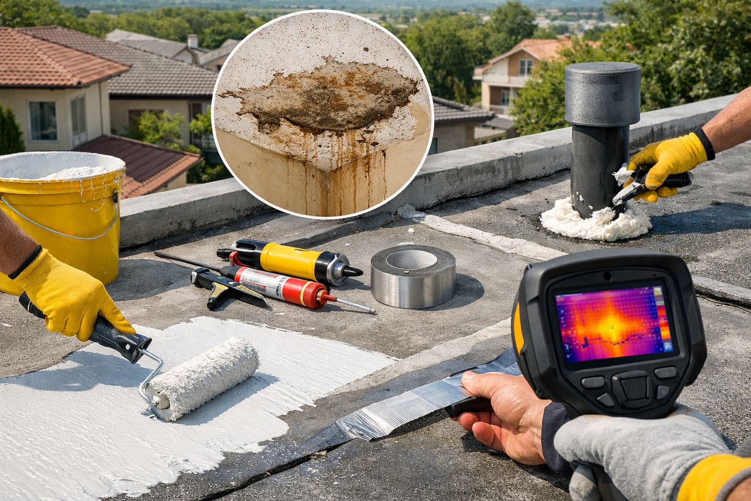 Trabajador aplicando recubrimiento impermeabilizante blanco en un techo de concreto, con herramientas de sellado y equipo de inspección para detectar filtraciones