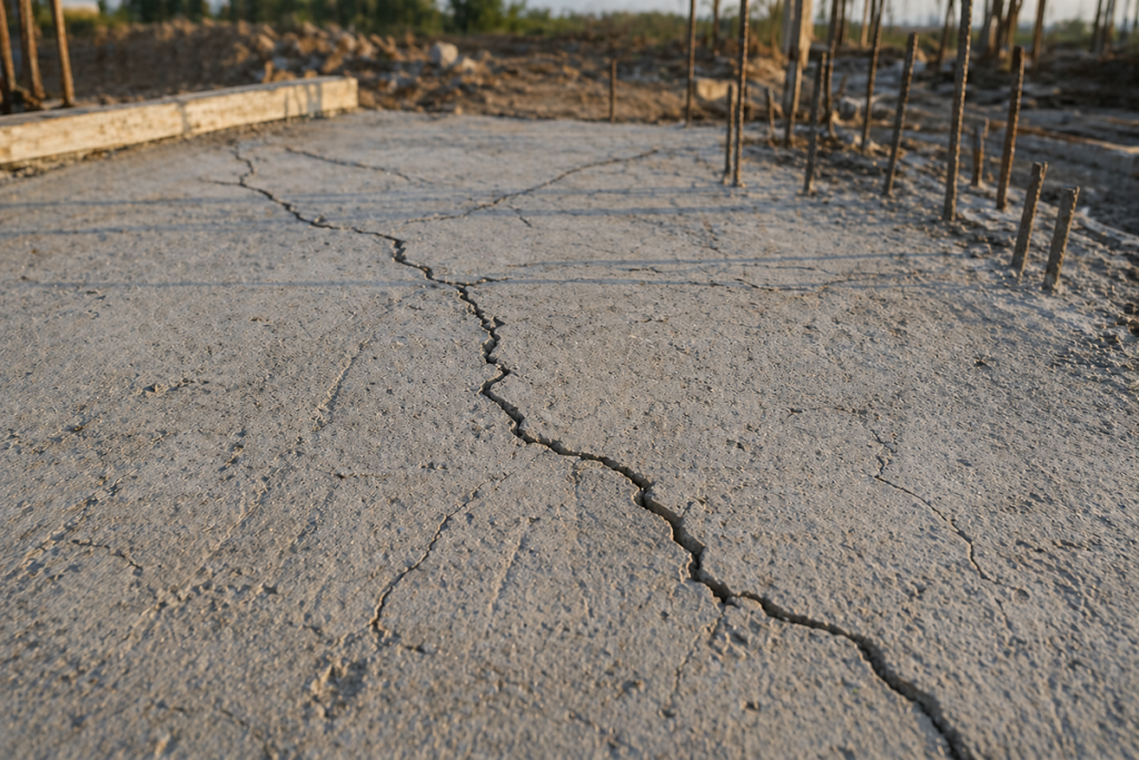 Losa de concreto agrietada por falta de curado y pérdida de humedad